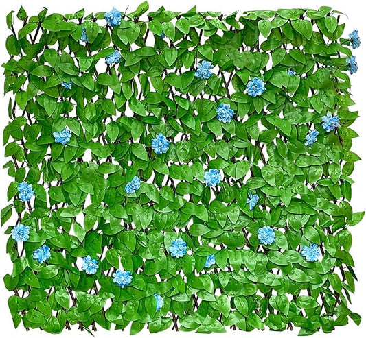 GLANT Expandable Fence Privacy Screen for Balcony Patio Outdoor,Decorative Faux Ivy Fencing Panel,Artificial Hedges (Single Sided Leaves) (2, Blue Flowers)