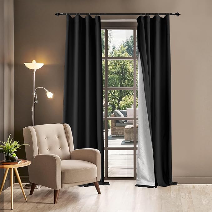 Soundproof 100% Blackout Curtains 96 inches, 3 Layers Thermal Insulated Back Tab Drapes for Door Window Nursery Divider Living Room, with Pin Hooks Black 50x96 Inch 1 Panel