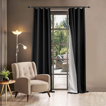 3-in-1 100% Blackout Curtains 90 Inches Long, Thermal Insulation, Soundproof Back Tab Drapes for Bedroom Living Room Sliding Glass Door, with Pin Hooks, Black 50x90Inch 1 Panel