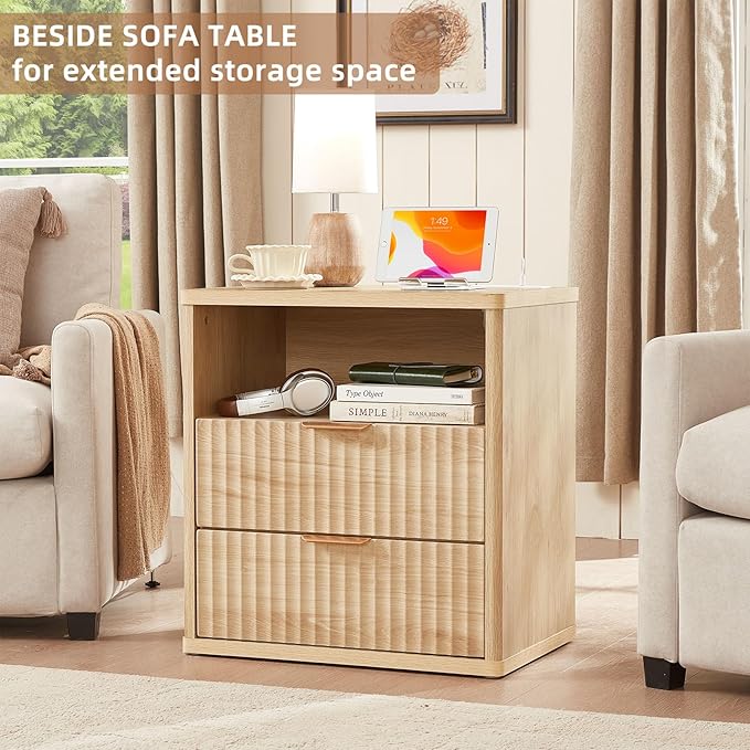 LEYAOYAO Fluted Farmhouse Nightstand Set of 2 with Charging Station, 23" Wide 2 Drawers End Table,Natural Dresser for Bedroom,Bed Side Table Chest of Drawers Cabinet,Wood Night Stand for Living Room