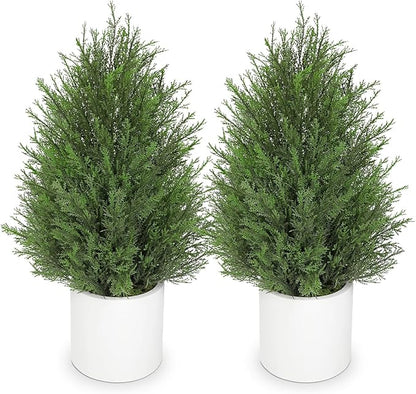 Briful 27” Artificial Cedar Topiary Tree in White Planter, 2PCS – Realistic Faux Evergreen Faux Floor Plant with Layered Leaves, Decorative Indoor Outdoor Potted Shrub for Home, Office, Patio, Porch
