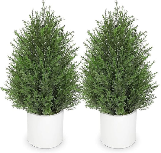 Briful 27” Artificial Cedar Topiary Tree in White Planter, 2PCS – Realistic Faux Evergreen Faux Floor Plant with Layered Leaves, Decorative Indoor Outdoor Potted Shrub for Home, Office, Patio, Porch
