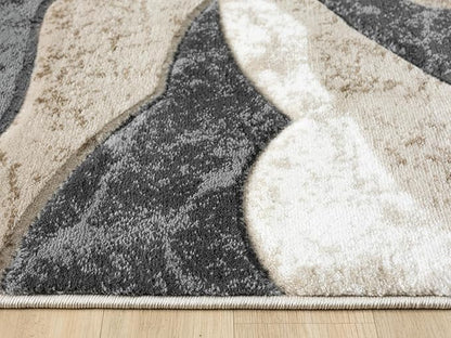 Modern Abstract Area Rug Hand Carved Contemporary Geometric Swirls Vibrant Colors Carpet for Living Room Bedroom Design PR1002 (Beige, 5' x 7')