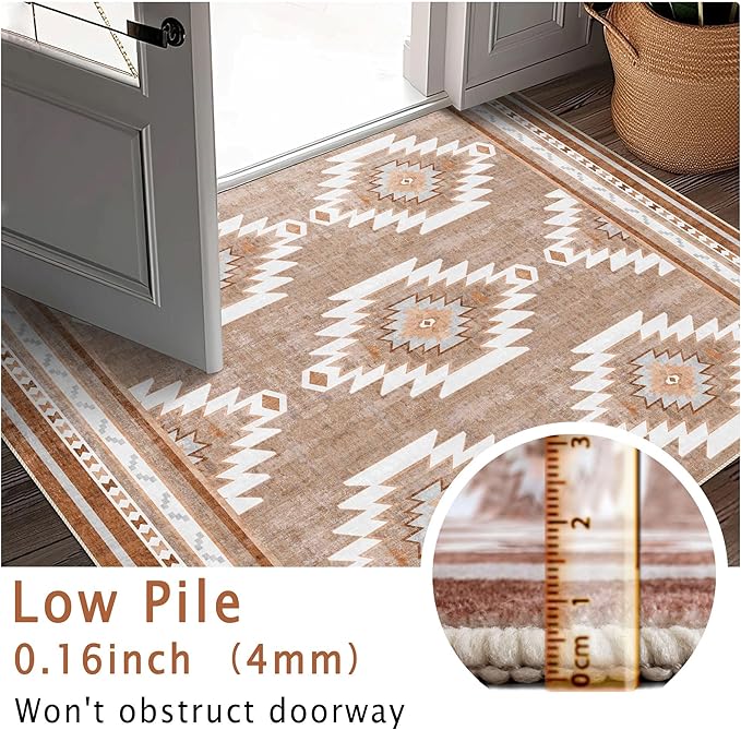 Runner Rug 2x10 Machine Washable Rug with Non-Slip Backing, Ideal for Kitchen Hallway Entryway Laundry Room - Western Style, Durable, Easy Clean, Low Pile Carpet Runner, Camel