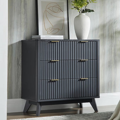 T4TREAM Fluted 3 Drawer Dresser, 32" Tall Modern Chest of Drawers with Faux Marble Top, Curved Profile Design, Wood Drawer Organizer for Bedroom, Living Room, Hallway, Entryway, Dark Grey