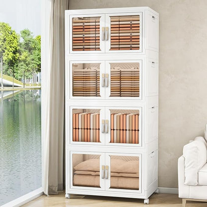 Large Stackable Storage Bins with Lids, 660QT-165QT*4Tier Foldable Cabinet for Closet Organizers, Plastic Storage Containers Box with Wheels