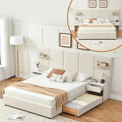 Queen Bed Frame with Storage & Built-in Nightstands, Velvet Upholstered Platform Bed Frame with Drawers & 2 Floating Storage Shelves, Noise-Free, No Box Spring Needed, Easy Assembly, Beige