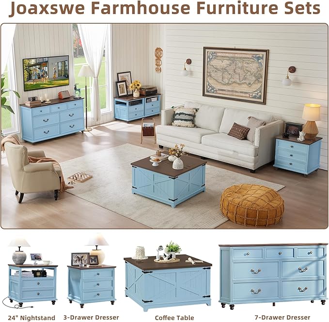 24" Wide Farmhouse Nightstand Set of 2, 54" 7 Drawers Dresser, 45" Tall Rustic Chests of 5 Drawers w/ 4 Solid Wood Feet, Farmhouse Furniture Series for Living Room,Bedroom,LightBlue