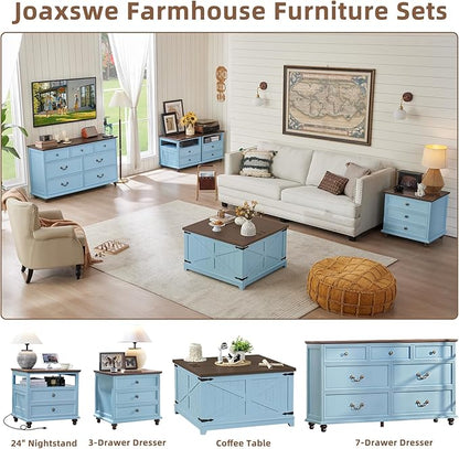 24" Wide Farmhouse Nightstand Set of 2, 54" 7 Drawers Dresser, 45" Tall Rustic Chests of 5 Drawers w/ 4 Solid Wood Feet, Farmhouse Furniture Series for Living Room,Bedroom,LightBlue