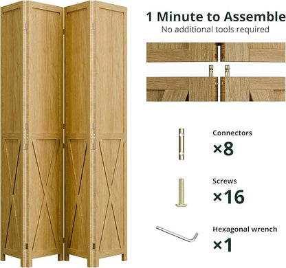 Cozy Castle Wood Room Divider, 4 Panels Folding Privacy Screen, 66.9'' Wall Divider, Barnwood Room Separator, Freestanding Partition, Temporary Wall for for Home Office Restaurant Decorative, Natural