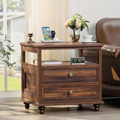 Farmhouse Furniture Set, Nightstands Set of 2 and 7 Drawers Dresser for Bedroom, 54 Inch Wide Wood Dresser and 24" Night Stands with Charging Station for Bedroom, Living Room, Hallway