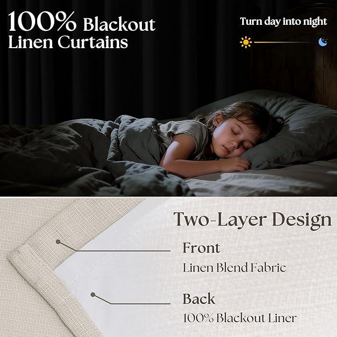 Pinch Pleated Blackout Linen Curtains 84 Inch Long for Living Room Bedroom Room Darkening Thick Linen Curtain 84 Inch Length 2 Panels Set Double Layer Boho Farmhouse Cream Ivory Natural Window Drapes