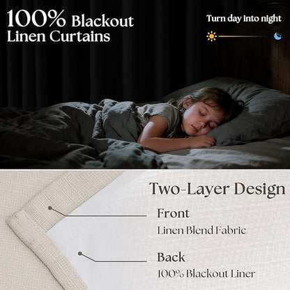 Cream White Linen Blackout Pleated Curtains 108 Inches Long 2 Panels Set Pinch Pleate 100% Black Out Double Layer Natural Burlap Thermal Insulated Drapes for Bedroom Living Windows 108 Inch Length