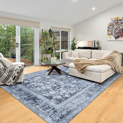 Area Rug 5×7, Vintage Boho Rug,Ultra-Soft Low Pile, Washable, Non Slip,Stain Resistant Printed Carpet for Living Room Bedrooms Playroom Office Kitchen, Stone/Blue