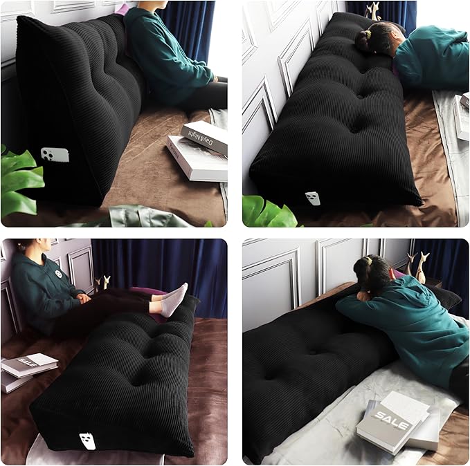 WOWMAX 100% Cotton Corduroy Headboard Pillow – Twin Size Back Support Reading Wedge for Bed & Daybed, Plush Handmade Bolster Cushion with Removable Cover, Cozy Bed Rest Pillow, Black