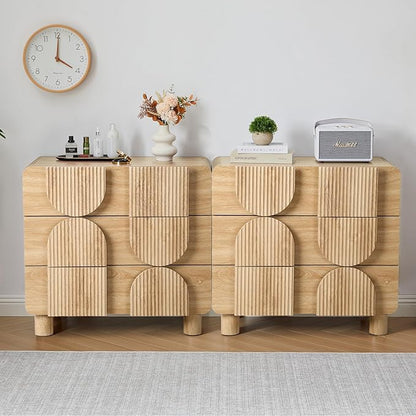 3 Drawer Dressers for Bedroom, 31.5" Wide Large Mid Century Modern Fluted Nightstand 2 Sets, Wood Dresser & Chest of Drawers with Curved Profile for Living Room, Entryway, Hallway Natural