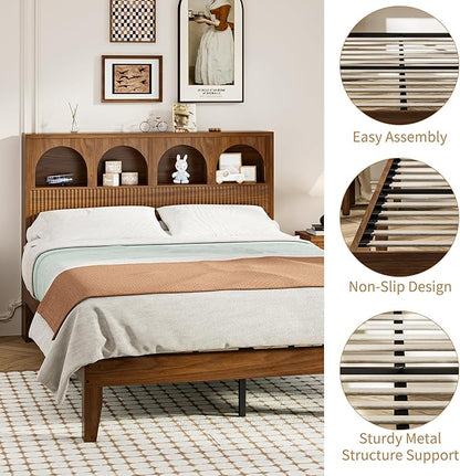 Full Bed Frame with Wave Headboard, Storage Headboard with 4 Arched Storage Compartments, Farmhouse Wooden Full Bed Frame, No Box Spring Needed, No Noise (Full-Walnut)