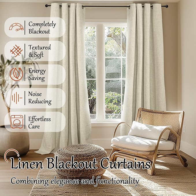 Cream Blackout Curtains for Living Room 90 Inch Length 2 Panels Set, Thermal Insulated Light Blocking Faux Linen Curtains for Bedroom, Bronze Grommet Boho Window Drape Each 52" Wide