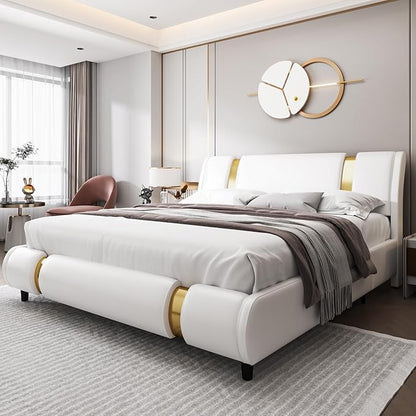 TTVIEW Modern Faux Leather Upholstered Platform Bed Frame with Golden Iron Metal Decor, Adjustable Curved Headboard, Wooden Slats Support, No Box Spring Needed, King Size, White