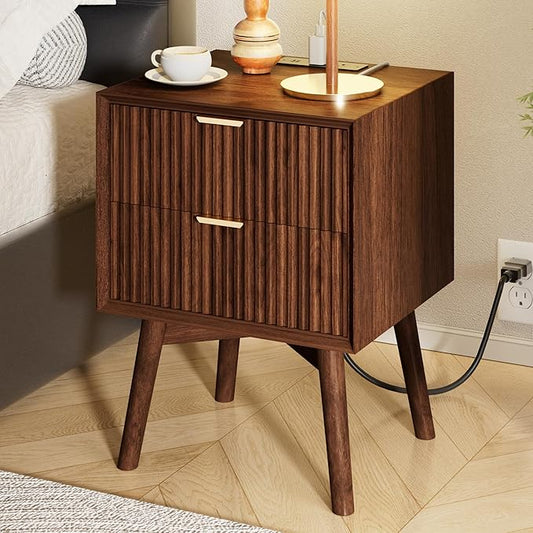 Fluted Nightstand, Beveled Edges Night Stand, 2 Drawer Nightstand with Charging Station, Wooden End Table with Solid Wood Legs, Modern Bedside Table for Bedroom Sofa Home Office, Walnut