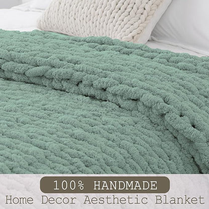 Chunky Knit Throw Blanket 50"X 60", 100% Handmade with Soft Chenille Yarn, 4.4lbs Thick Cable Knitted Blankets, Large Rope Knot Crochet Throws for Couch Sofa Bed Home Decor, Sage Green