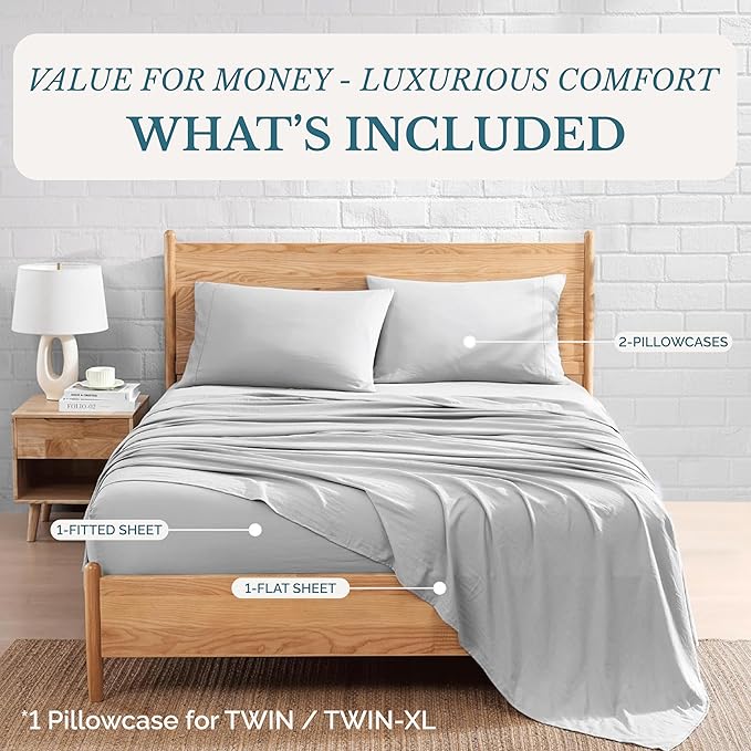Casa Platino Twin Sheets, 3 Piece Set, Pre-Washed Ultra Soft & Breathable Twin Bed Sheets Set, Brushed Microfiber Sheets, Fade Resistant Bedding with Deep Pockets – Silver