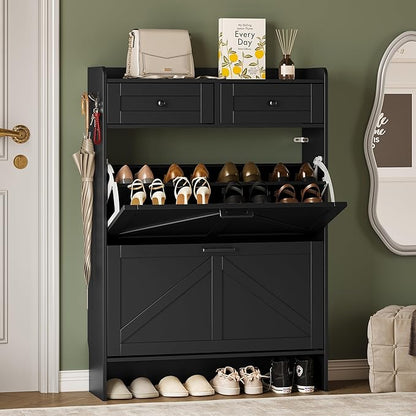 Shoe Storage Cabinet for Entryway, Farmhouse Narrow Shoe Cabinet with 2 Flip Drawers & Top Drawers, Adjustable Shelves & Hooks, Freestanding Hidden Rack Organizer for Hallway, Foyer