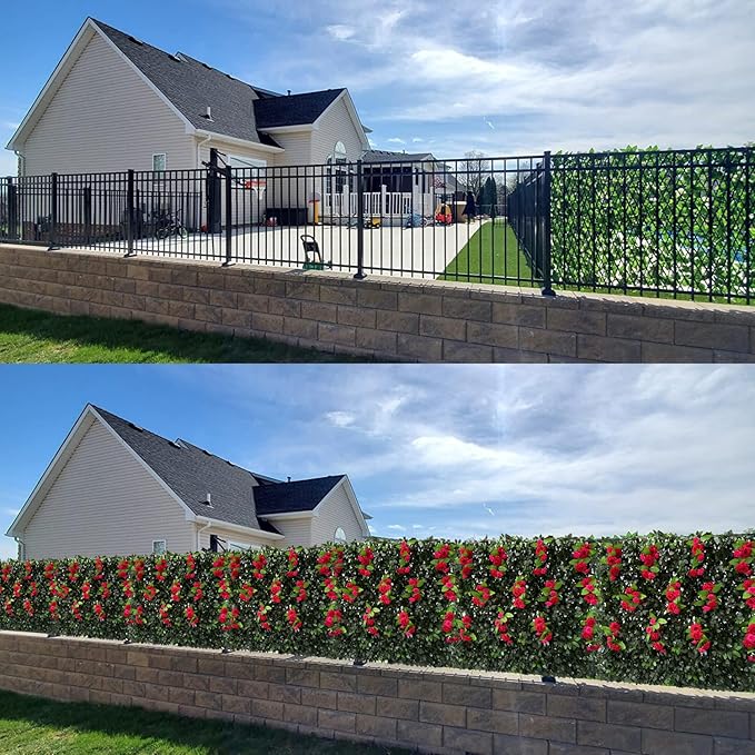Sumery Expandable Fence Privacy Screen for Balcony Patio Outdoor,Decorative Faux Ivy Fencing Panel,Artificial Hedges (Single Sided Leaves) (2, Branches -Red Rose)