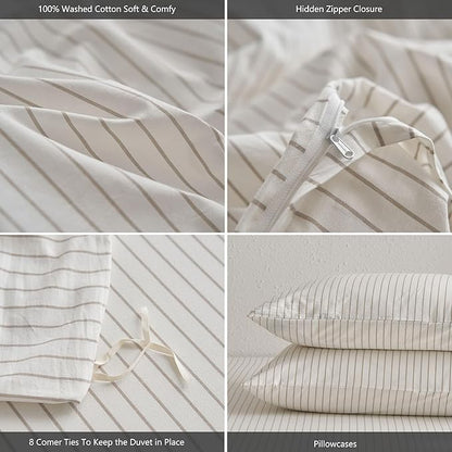MooMee Striped Duvet Cover Set 100% Washed Cotton Linen Like Textured Breathable Durable Soft Comfy (White Tannish Linen Grey Wide Stripes, Super Queen 90"x98")