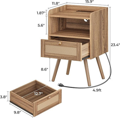 SUPERJARE Nightstands Set of 2, Night Stands with Charging Station & PE Rattan Decor Drawer, Bed Side Tables with Solid Wood Feet, End Table, for Bedroom, Living Room, Walnut