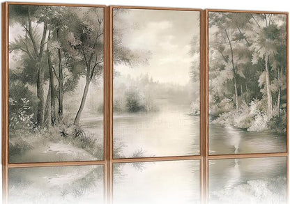 Yeehomedec Vintage Nature Landscape Framed Canvas Wall Art Set, Rustic Misty Forest Sketch Wall Decor, Neutral Wooden Trees Art Print, Retro Foggy Scenery Artwork for Living Room Bedroom Office 16"x24"x3