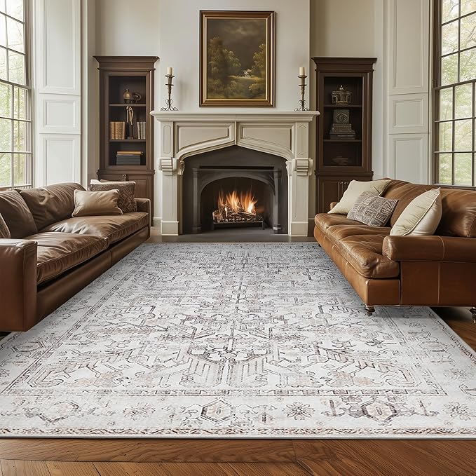 jinchan Lima Living Room Area Rug 10x12 - Low Pile Washable Stain Resistant Vintage Large Boho Rug Ultra-Thin Non Slip Floral Print Distressed Carpet for Bedroom Dining Room Farmhouse (10x12ft, Taupe)