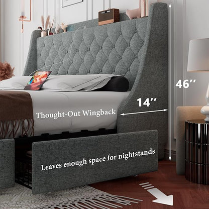 iPormis Queen Bed Frame with 4 Storage Drawers, Upholstered Platform Bed Frame with Type-C & USB Ports, Wingback Storage Headboard, Solid Wood Slats, No Box Spring Needed, Light Gray