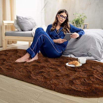 Noahas Fluffy Brown Rugs for Bedroom Living Room,2.6'X5.3' Oval Throw Rug for Kids Room,Shag Hallway Runner Rug,Small Soft Shaggy Bedside Non-Slip Plush Nursery Dorm Carpet Home Decor Aesthetic