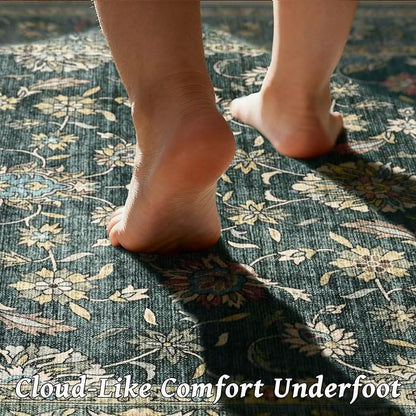 Washable 2x3 Entryway Rug, Boho Non-Slip Door Mat Vintage Distress Small Rugs for Kitchen Nursery Office Bedroom, 0.3" Neutral Oriental Throw Carpet with Cushioning Pad, Sage Green/Blue/Multi