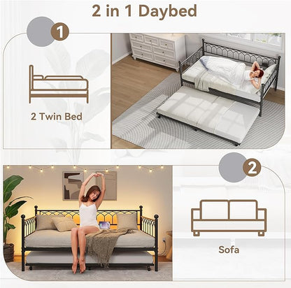 GarveeHome Daybed with Trundle, Metal Twin Trundle Bed with Charging Station & LED Lights, Sofa Beds Frame with Pull Out Bed for Living Room, Guest Room, Apartment, Small Spaces, Black
