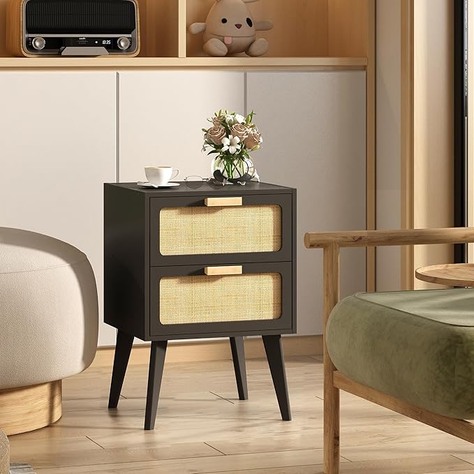 YAUKOMEL Rattan Nightstand Set of 2,Mid Century Modern Bedside Table with Storage,End Table,Side Table with 2 Hand Made Rattan Decorated Drawers for Livingroom, Bedroom, Black CTG59B-2