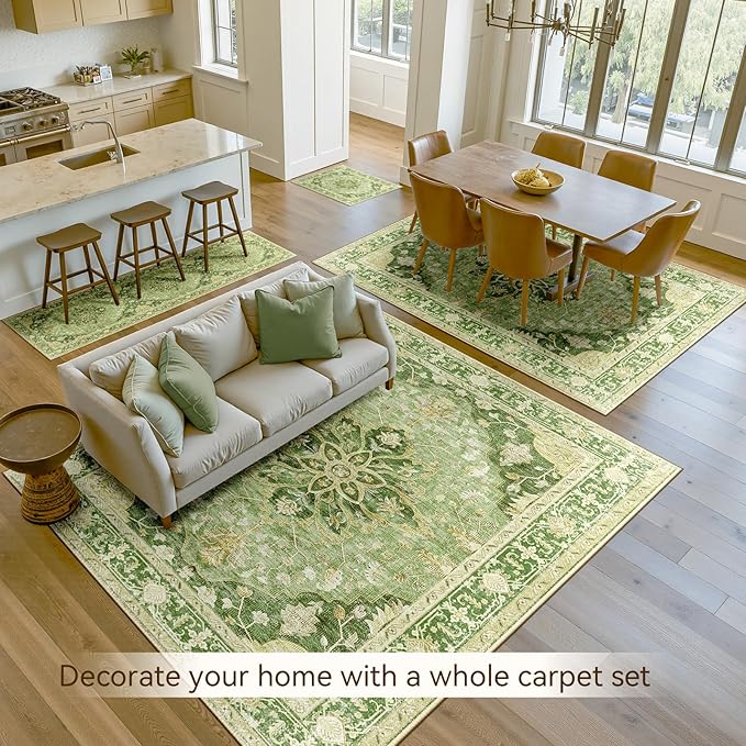 Area Rugs 10'x14' Washable Non-Slip, Floral Vintage Distress Print Pattern Medallion Carpet for Living Room Bedroom Dining Room, Sage Green Yellow