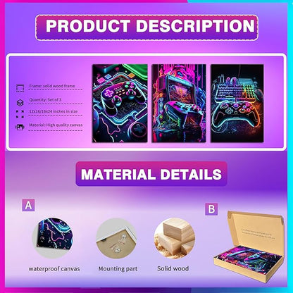 Game Room Decor Posters Set of 3 - Neon Gaming Accessories Theme Canvas Wall Art, Gamer Console Paintings Picture Wall Decor for Children Youth Boys Bedroom 12x16 inch Framed