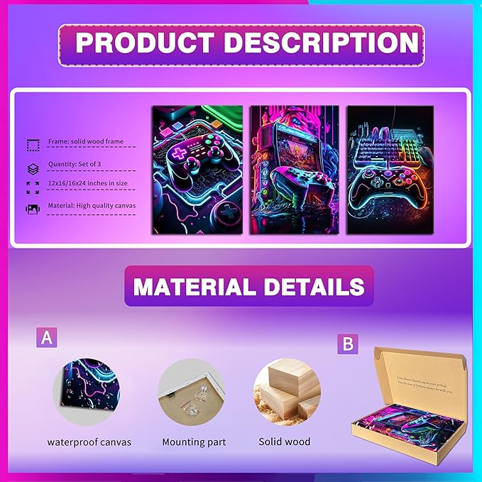 BGFCE Game Room Decor Set of 3 - Neon Gaming Accessories Theme Canvas Wall Art, Gamer Console Paintings Posters Picture Wall Decor for Children Youth Boys Bedroom 16x24in Framed