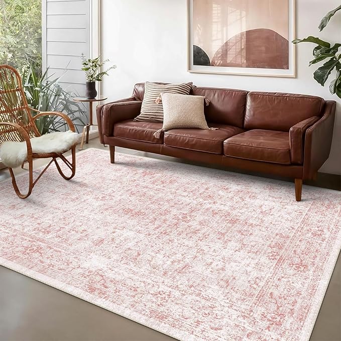 8x10 Area Rugs for Living Room, Non-Slip Backing Washable Rug 8x10, Pink Large Area Rug Soft Carpet for Bedroom Dining Room, Vintage Floral, Easy Clean, Durable, Low Pile Rug Under Table