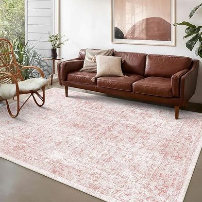 6x9 Area Rug, Ultra-Soft Washable Rug for Living Room, Dinner Room, Bedroom, Non-Slip Vintage Floral Rug, Indoor Carpet Large Area Rug, Pink