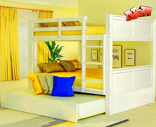 TSAMPA Latest Upgraded & Stronger Heavy Duty Solid Wood Full Over Full Bunk Bed with Trundle, Thickened Safer Convertible Bunk Bed Frame Full Over Full Size Bunk Bed (Easier to Assemble) (White)