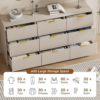 Beige Dresser for Bedroom, Modern Dresser with 9 Drawers and Smooth Slides, Wide Chest of Drawers with Golden Handles for Bedroom, Living Room, Closet, 15.7" D x 63" W x 31.5" H