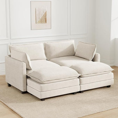 78'' Modular Sectional Cloud Couch with 2 Movable Ottoman, 4 Seat Comfy Modern Corduroy Sofa with 2 Throw Pillows, Deep Seat Sleeper Couch for Living Room Bedroom Apartment, Beige