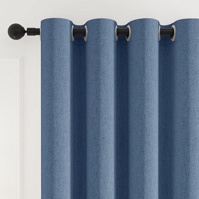 100% Blackout Grommet Linen Curtains for Living Room, Linen-Look Textured Full Light Blocking Room Darkening Thermal Insulated Drapes for Bedroom 2 Panels (W52xL92, Blue)