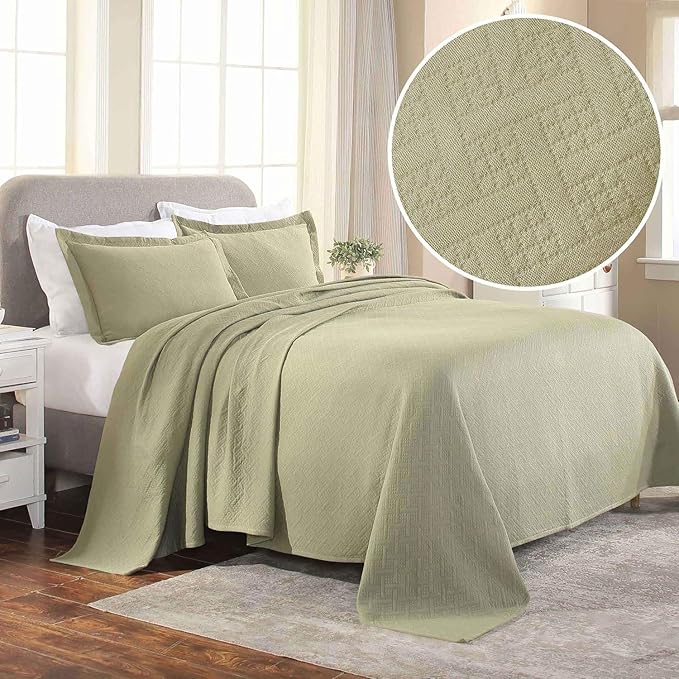 Superior 100% Cotton Basket Weave Bedspread with Shams, All-Season Premium Cotton Matelasse Jacquard Bedding, Quilted-Look Geometric Basket, King, Sage
