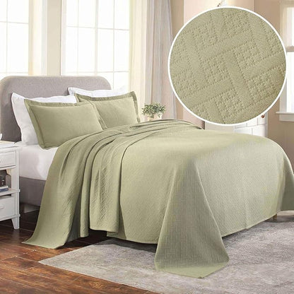 Superior 100% Cotton Basket Weave Bedspread with Shams, All-Season Premium Cotton Matelasse Jacquard Bedding, Quilted-Look Geometric Basket, King, Sage