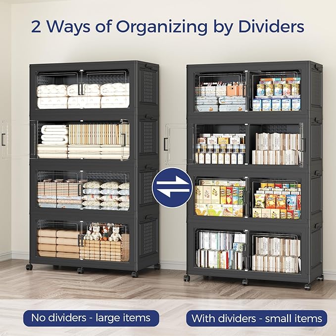 120GAL Storage Bins with Lid and Wheels, Stackable Closet Organizers and Storage Drawer, Collapsible Storage Box with Dividers, Foldable Plastic Cabinets for Room, Kitchen, 3 Pack Black