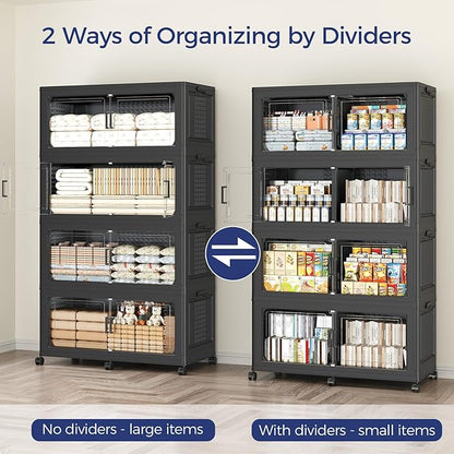 200GAL Storage Bins with Lid and Wheels, Stackable Closet Organizers and Storage Drawer, Collapsible Storage Box with Dividers, Foldable Plastic Cabinets for Room, Kitchen, 4 Pack Black